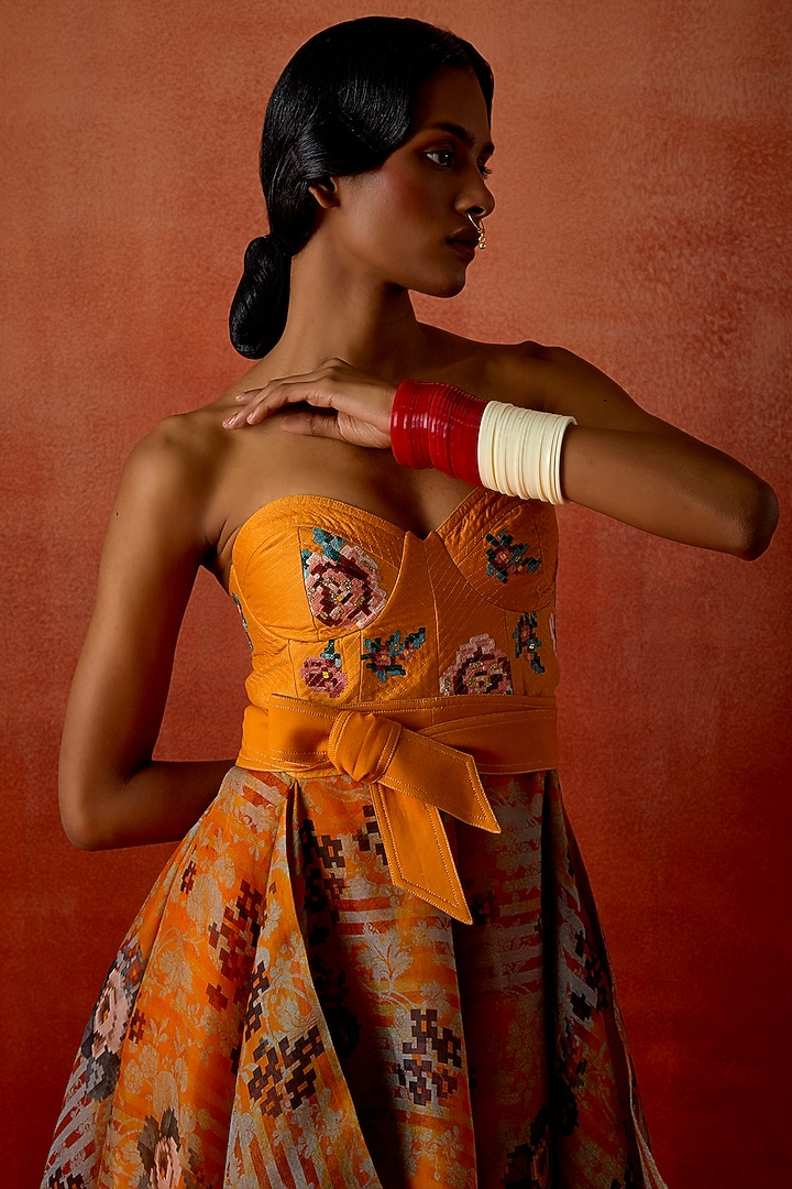 Mustard Silk Organza & Silk Chanderi Embroidered Corset Cocktail Dress by Jajaabor at Pernia's Pop Up Shop