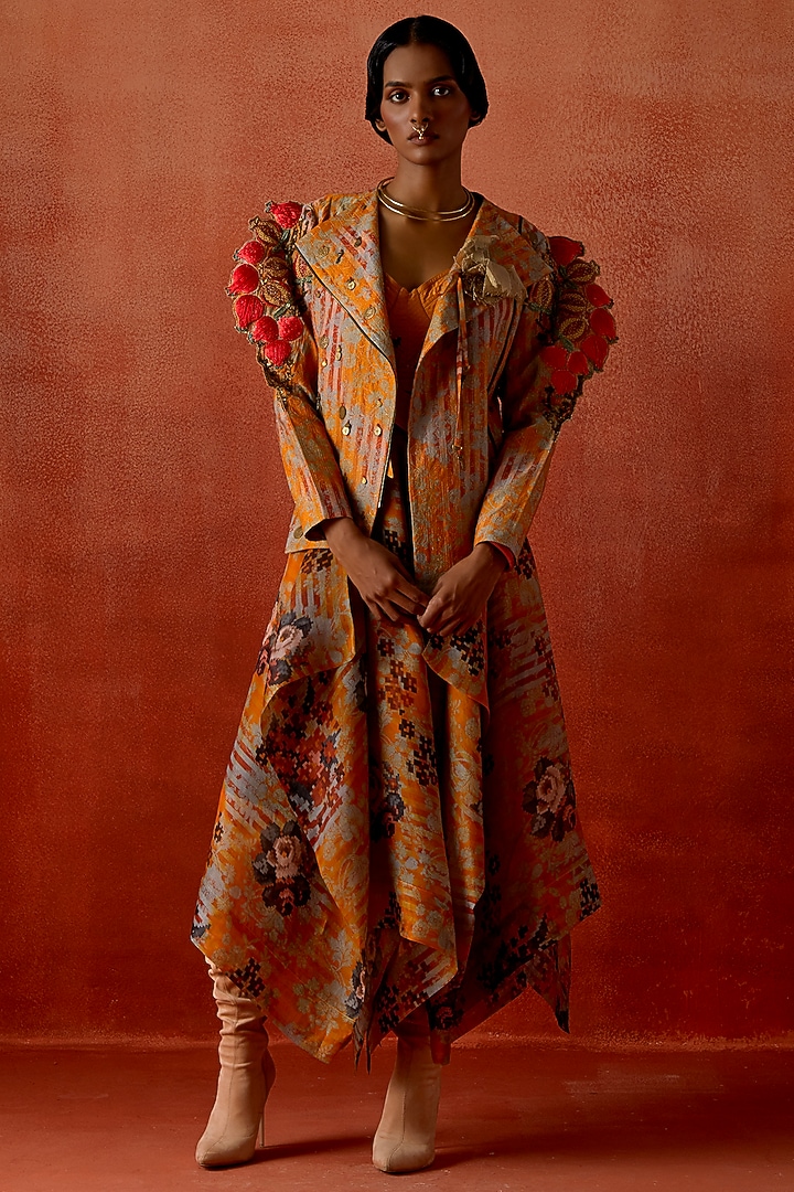 Mustard Silk Chanderi Embroidered Jacket by Jajaabor at Pernia's Pop Up Shop