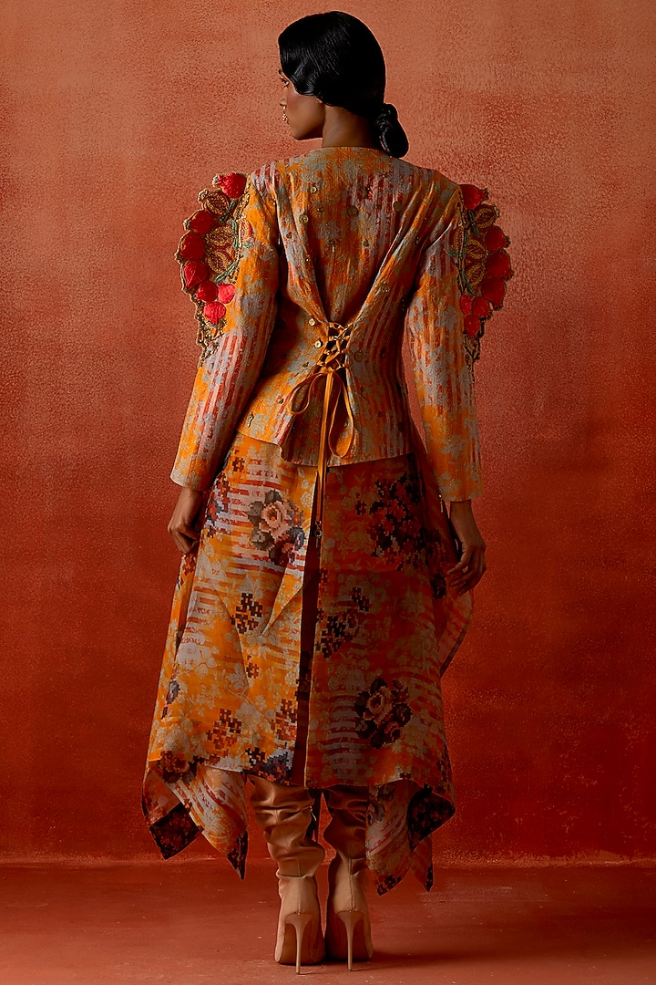 Mustard Silk Chanderi Embroidered Jacket by Jajaabor at Pernia's Pop Up Shop