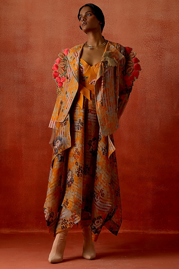 Mustard Silk Chanderi Embroidered Jacket by Jajaabor at Pernia's Pop Up Shop