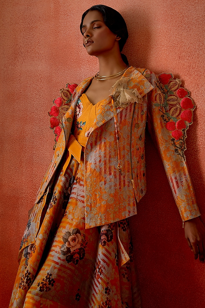 Mustard Silk Chanderi Embroidered Jacket by Jajaabor at Pernia's Pop Up Shop