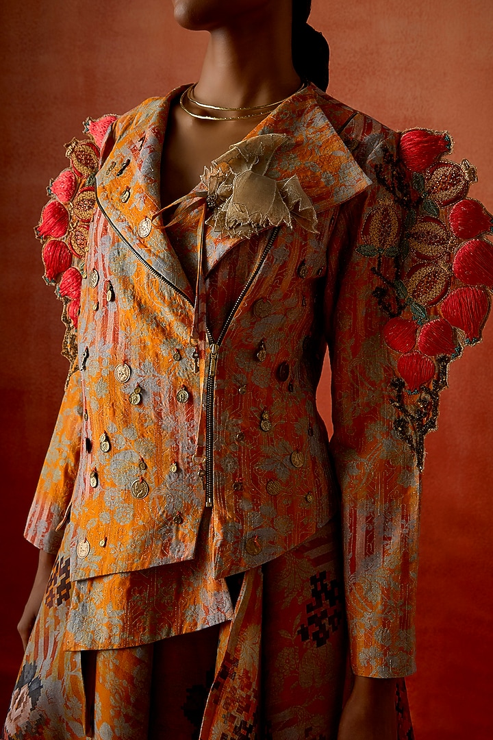 Mustard Silk Chanderi Embroidered Jacket by Jajaabor at Pernia's Pop Up Shop