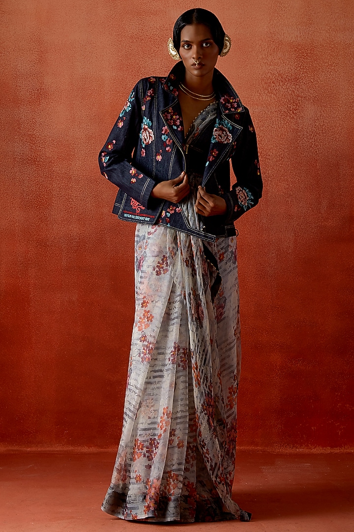 Indigo Silk Organza & Denim Embroidered Jacket Wedding Saree Set by Jajaabor at Pernia's Pop Up Shop