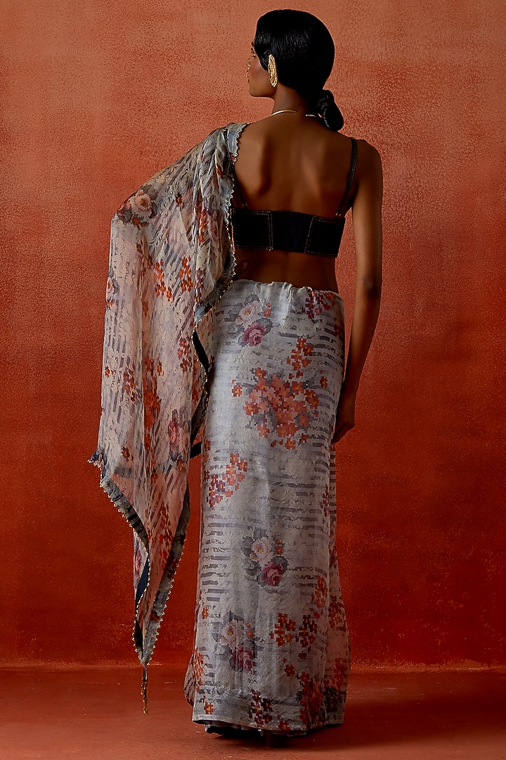 Indigo Silk Organza & Denim Embroidered Jacket Wedding Saree Set by Jajaabor at Pernia's Pop Up Shop