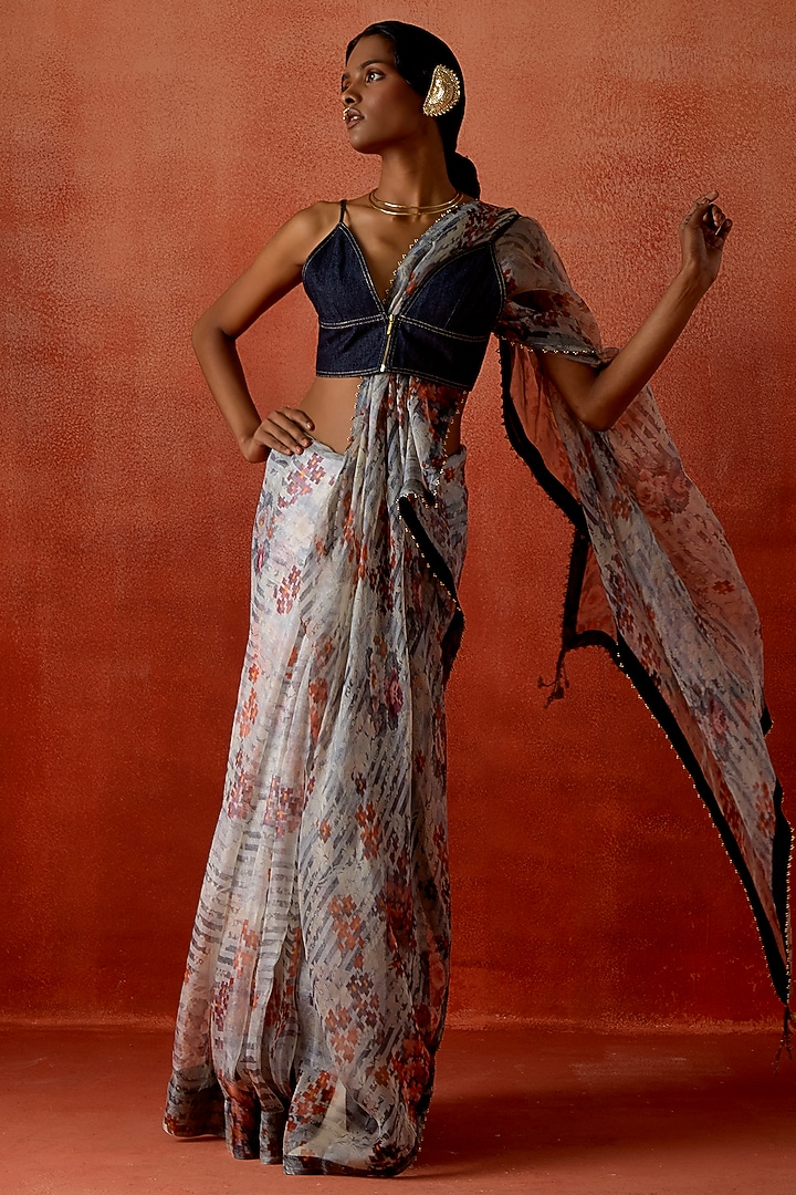 Indigo Silk Organza & Denim Embroidered Jacket Wedding Saree Set by Jajaabor at Pernia's Pop Up Shop