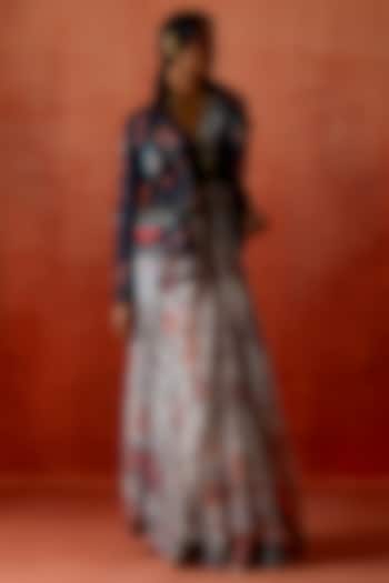 Indigo Silk Organza & Denim Embroidered Jacket Wedding Saree Set by Jajaabor at Pernia's Pop Up Shop