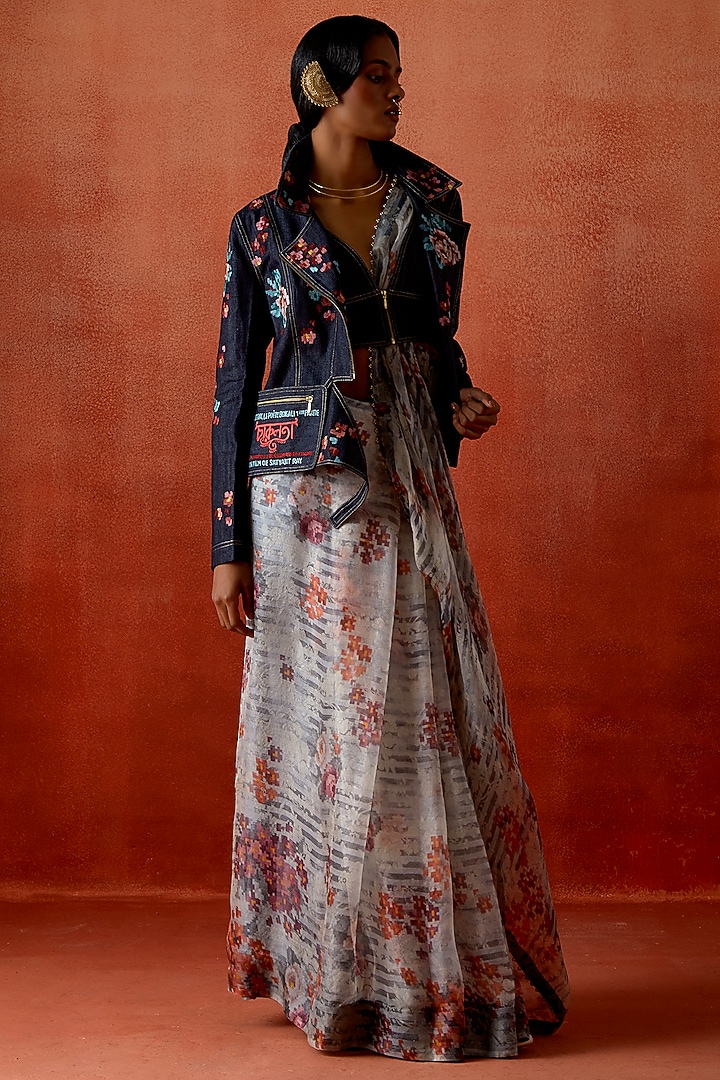 Indigo Silk Organza & Denim Embroidered Jacket Wedding Saree Set by Jajaabor at Pernia's Pop Up Shop