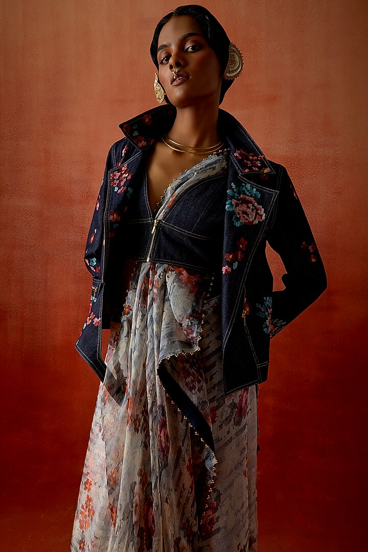 Indigo Silk Organza & Denim Embroidered Jacket Wedding Saree Set by Jajaabor at Pernia's Pop Up Shop