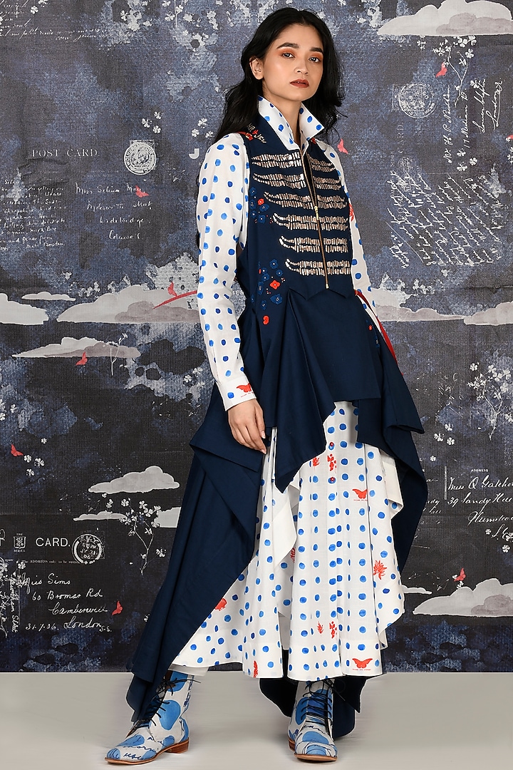 Indigo Blue Embroidered Draped Jacket by Jajaabor