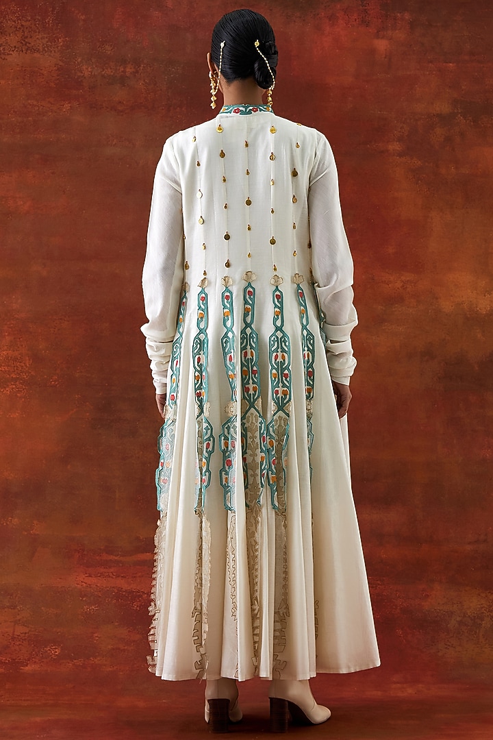 Ivory Silk Chanderi Embroidered Kalidar Kurta by Jajaabor at Pernia's Pop Up Shop