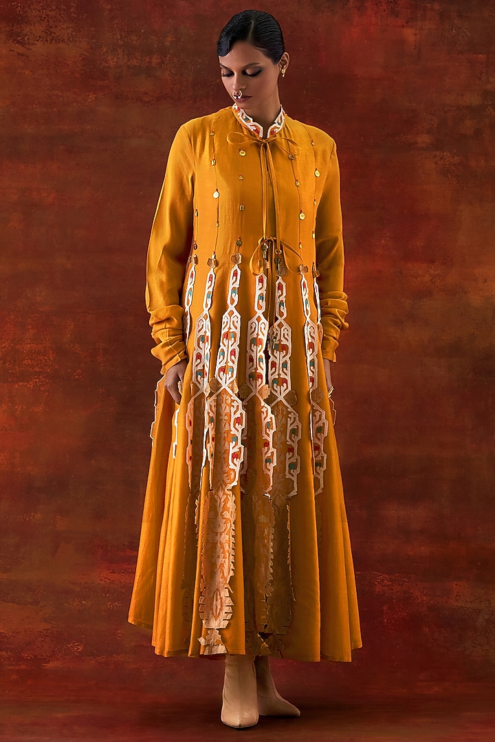 Yellow Silk Chanderi Embroidered Kalidar Kurta by Jajaabor at Pernia's Pop Up Shop