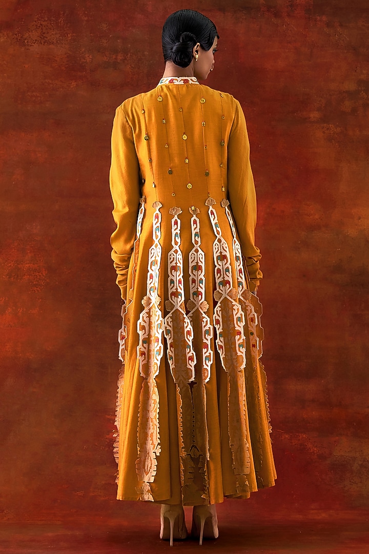 Yellow Silk Chanderi Embroidered Kalidar Kurta by Jajaabor at Pernia's Pop Up Shop