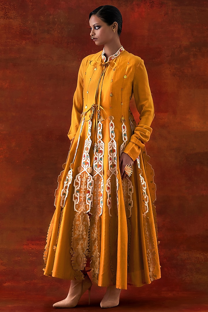Yellow Silk Chanderi Embroidered Kalidar Kurta by Jajaabor at Pernia's Pop Up Shop