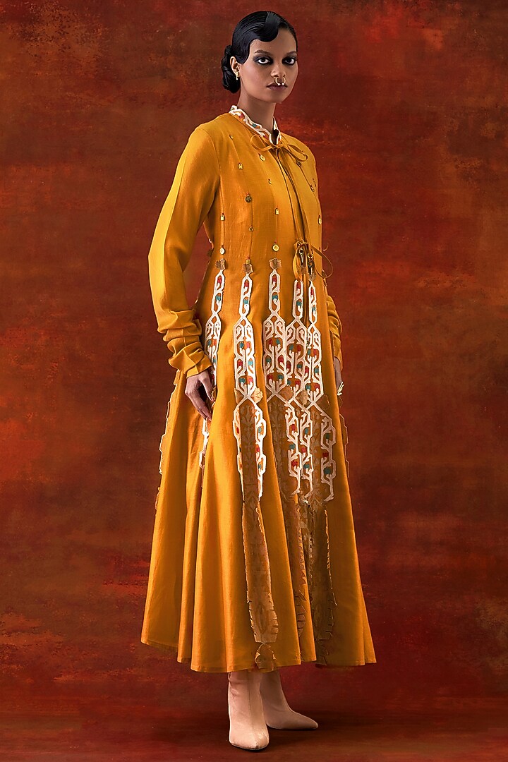 Yellow Silk Chanderi Embroidered Kalidar Kurta by Jajaabor at Pernia's Pop Up Shop