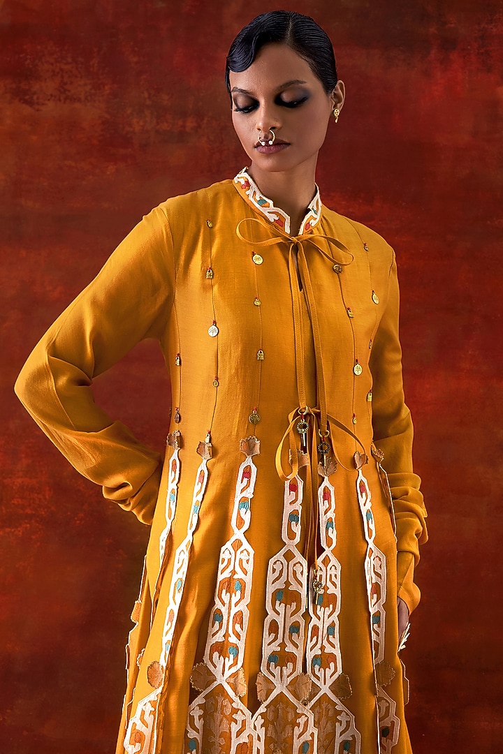 Yellow Silk Chanderi Embroidered Kalidar Kurta by Jajaabor at Pernia's Pop Up Shop