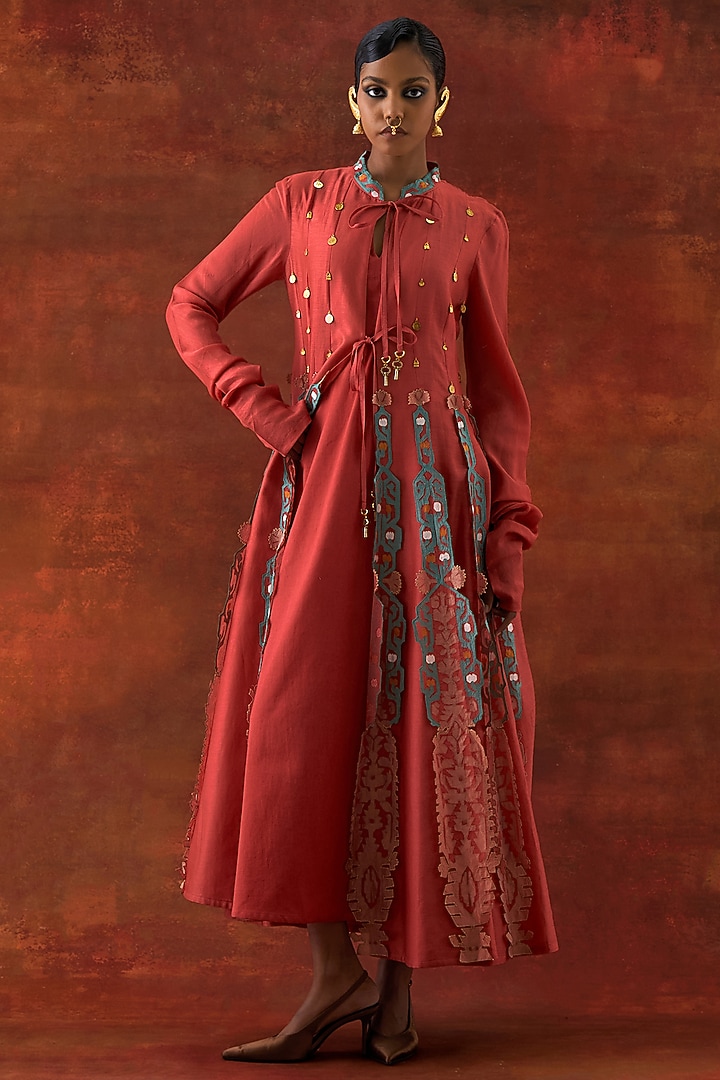 Coral Silk Chanderi Embroidered Kalidar Kurta by Jajaabor at Pernia's Pop Up Shop