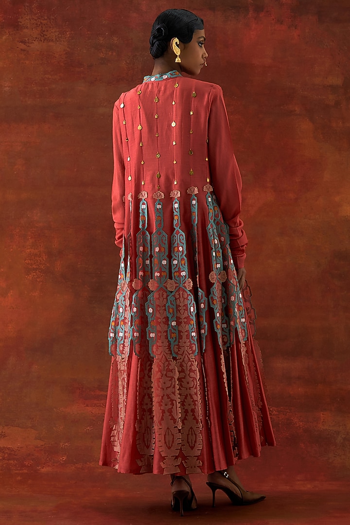 Coral Silk Chanderi Embroidered Kalidar Kurta by Jajaabor at Pernia's Pop Up Shop