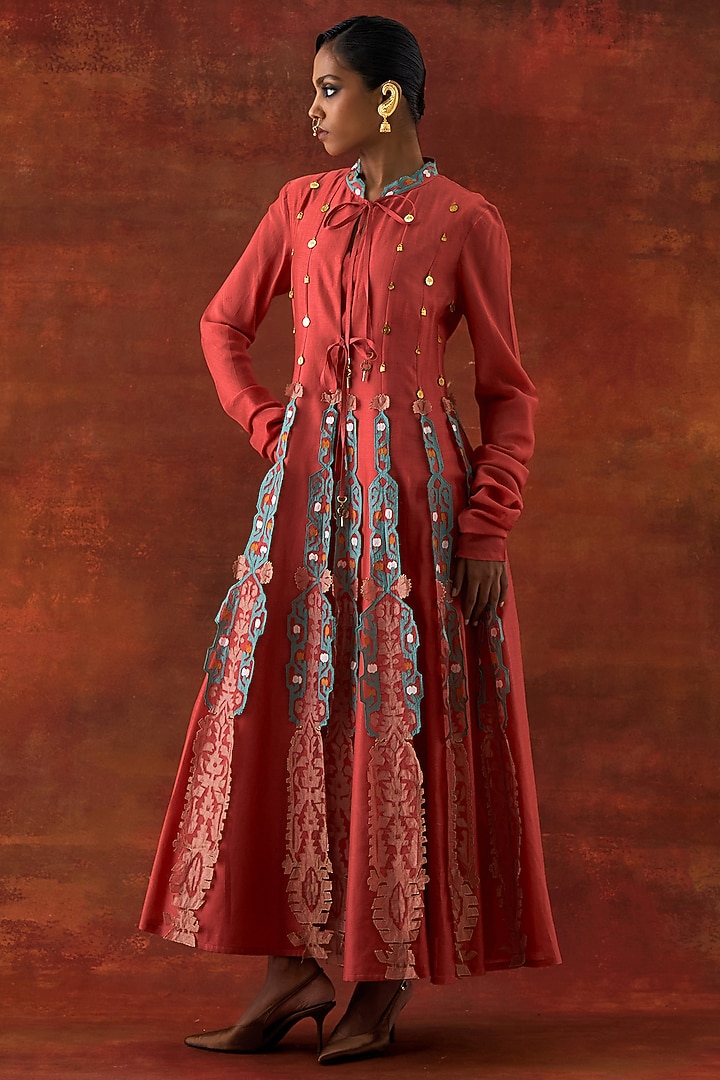 Coral Silk Chanderi Embroidered Kalidar Kurta by Jajaabor at Pernia's Pop Up Shop