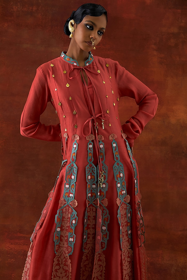 Coral Silk Chanderi Embroidered Kalidar Kurta by Jajaabor at Pernia's Pop Up Shop