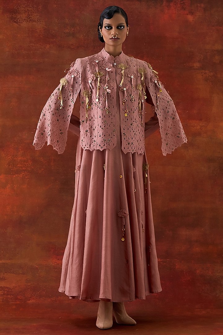 Old Rose Silk Chanderi Cutwork & Embroidered Cape Set by Jajaabor at Pernia's Pop Up Shop
