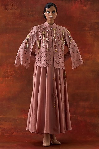 Old Rose Silk Chanderi Cutwork & Embroidered Cape Set by Jajaabor