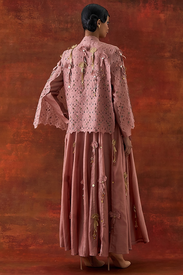 Old Rose Silk Chanderi Cutwork & Embroidered Cape Set by Jajaabor at Pernia's Pop Up Shop
