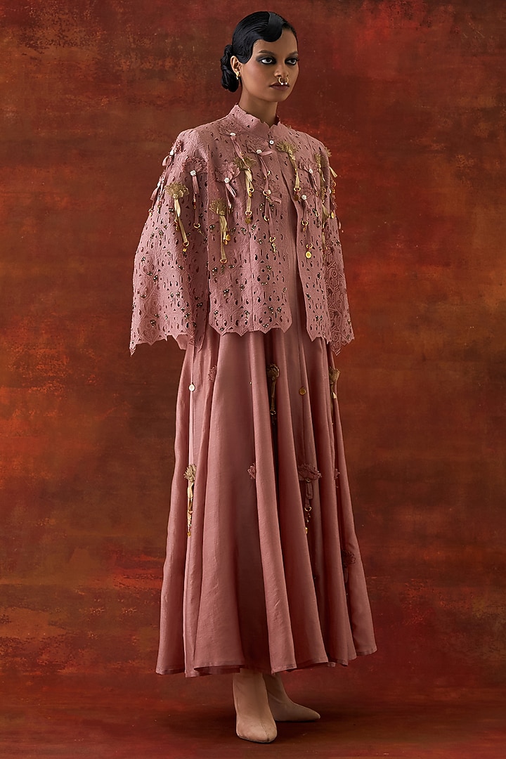 Old Rose Silk Chanderi Cutwork & Embroidered Cape Set by Jajaabor at Pernia's Pop Up Shop