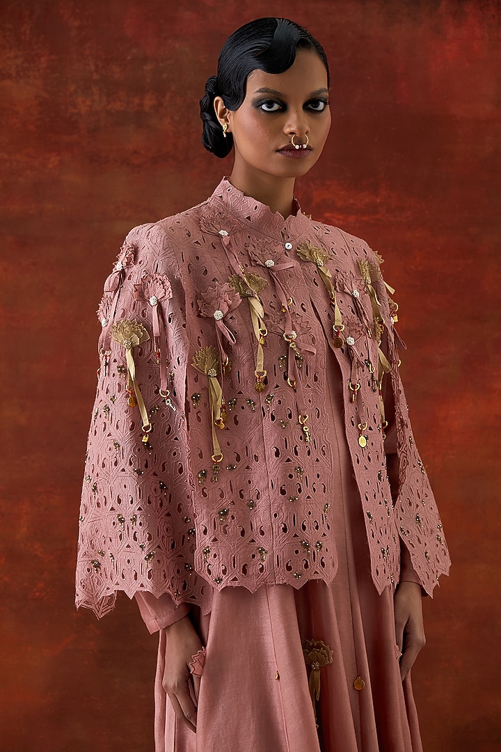 Old Rose Silk Chanderi Cutwork & Embroidered Cape Set by Jajaabor at Pernia's Pop Up Shop