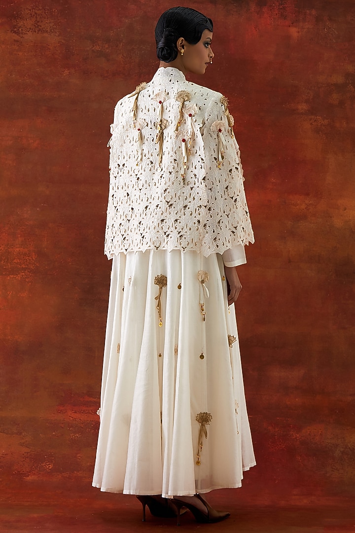 Ivory Silk Chanderi Cutwork & Embroidered Cape Set by Jajaabor at Pernia's Pop Up Shop