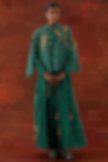 Teal Silk Chanderi Cutwork & Embroidered Cape Set by Jajaabor at Pernia's Pop Up Shop