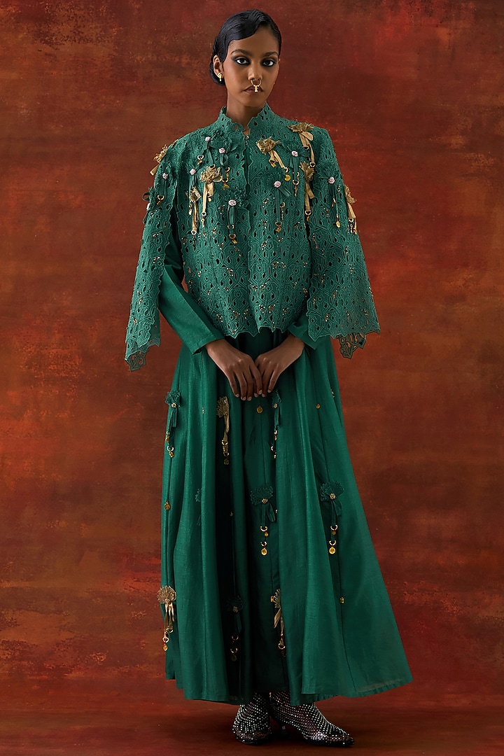 Teal Silk Chanderi Cutwork & Embroidered Cape Set by Jajaabor at Pernia's Pop Up Shop