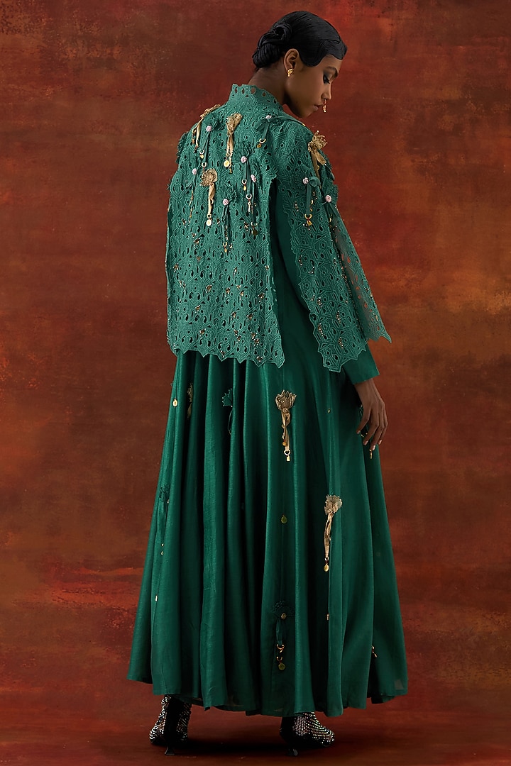 Teal Silk Chanderi Cutwork & Embroidered Cape Set by Jajaabor at Pernia's Pop Up Shop