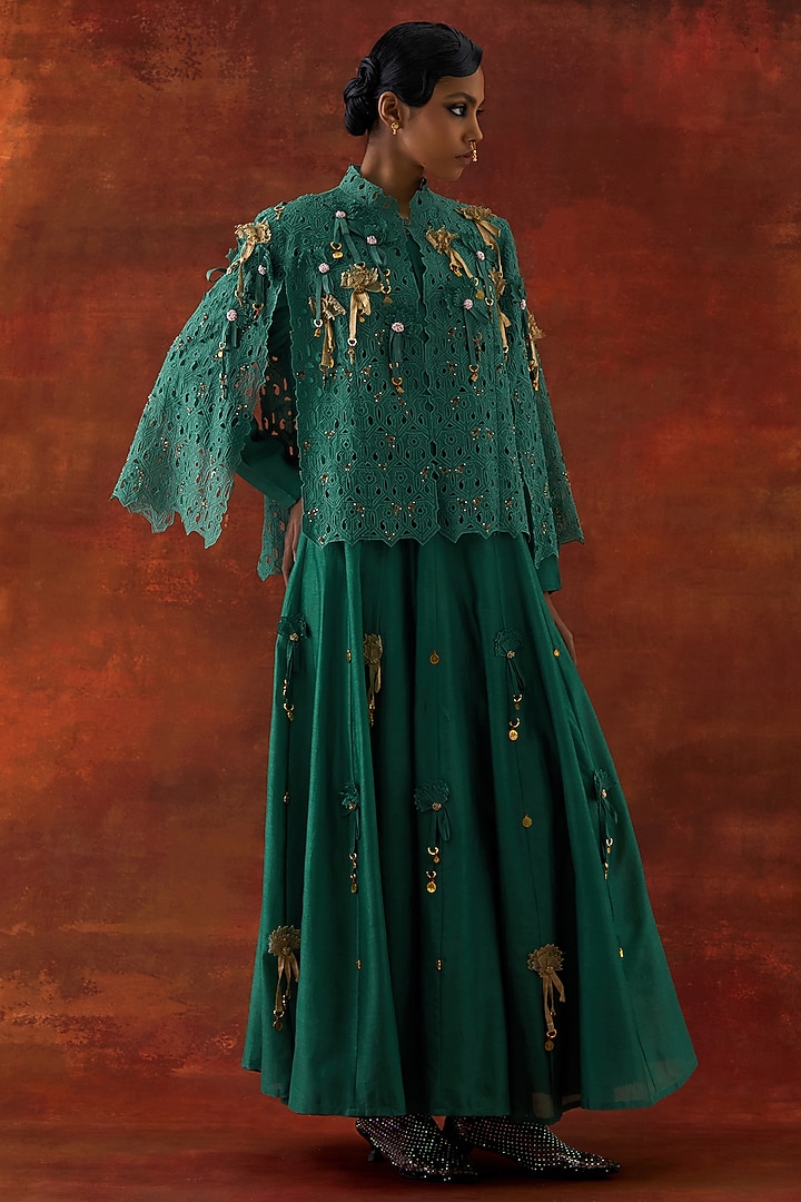 Teal Silk Chanderi Cutwork & Embroidered Cape Set by Jajaabor at Pernia's Pop Up Shop