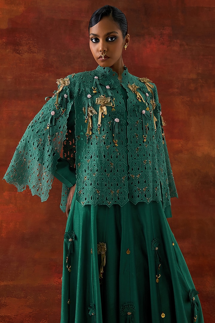 Teal Silk Chanderi Cutwork & Embroidered Cape Set by Jajaabor at Pernia's Pop Up Shop
