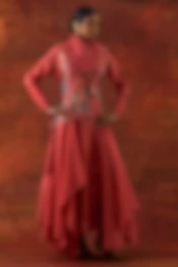 Coral Silk Chanderi Jacket Set by Jajaabor at Pernia's Pop Up Shop