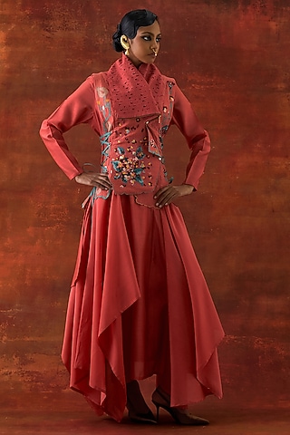 Coral Silk Chanderi Jacket Set by Jajaabor