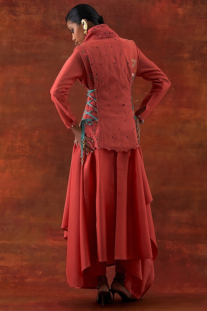 Coral Silk Chanderi Jacket Set by Jajaabor at Pernia's Pop Up Shop