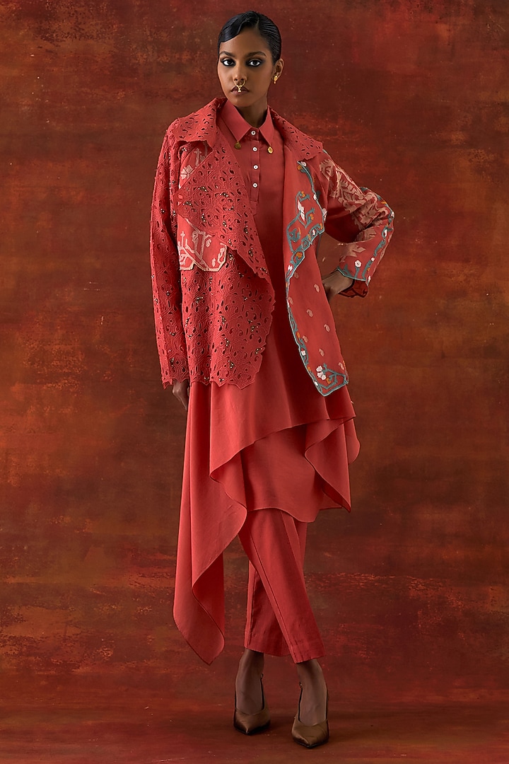 Coral Silk Chanderi Jacket Set by Jajaabor at Pernia's Pop Up Shop