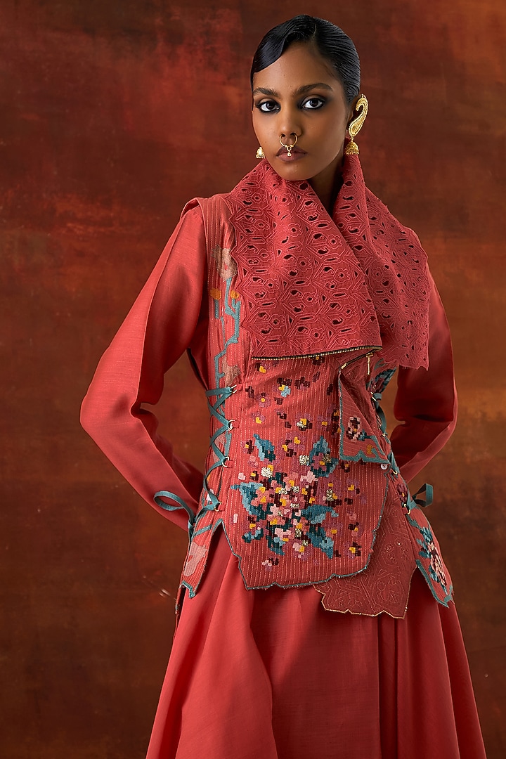 Coral Silk Chanderi Jacket Set by Jajaabor at Pernia's Pop Up Shop