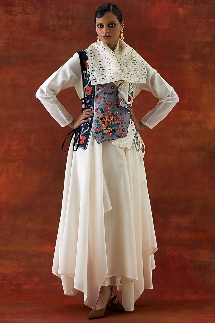 Ivory Silk Chanderi Jacket Set by Jajaabor at Pernia's Pop Up Shop