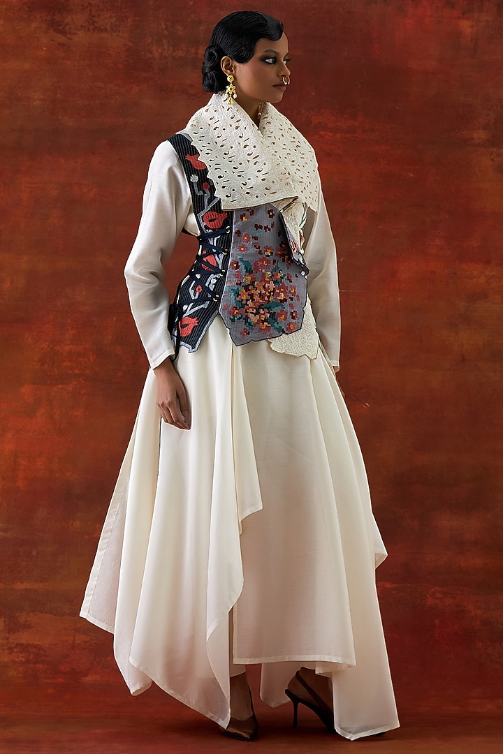 Ivory Silk Chanderi Jacket Set by Jajaabor at Pernia's Pop Up Shop
