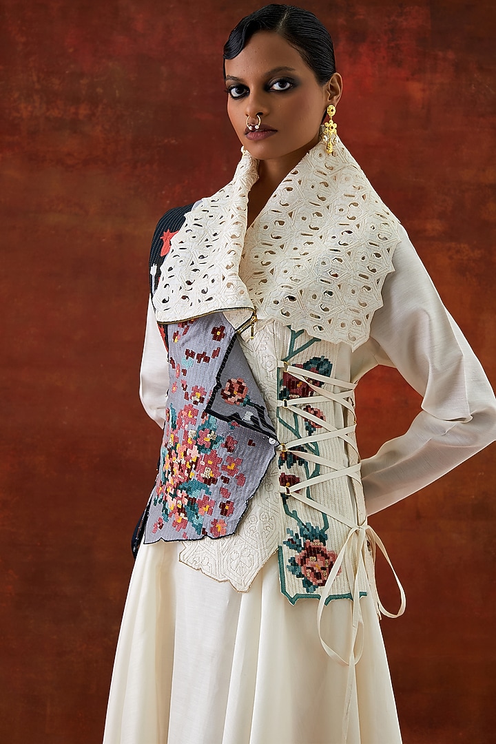 Ivory Silk Chanderi Jacket Set by Jajaabor at Pernia's Pop Up Shop