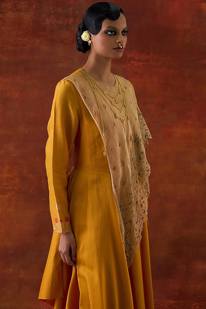 Yellow Silk Chanderi & Gold Tissue Embroidered Draped Kurta Set by Jajaabor at Pernia's Pop Up Shop