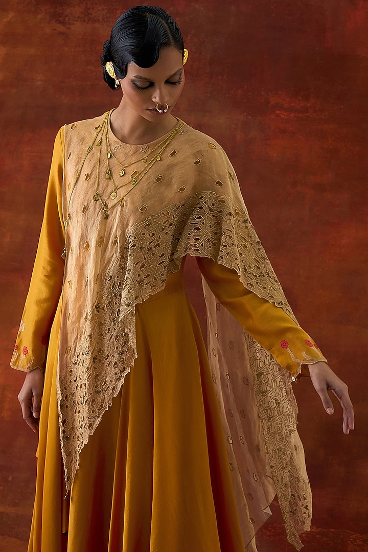 Yellow Silk Chanderi & Gold Tissue Embroidered Draped Kurta Set by Jajaabor at Pernia's Pop Up Shop