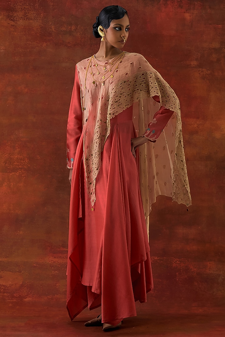 Coral Silk Chanderi & Gold Tissue Embroidered Draped Kurta Set by Jajaabor at Pernia's Pop Up Shop