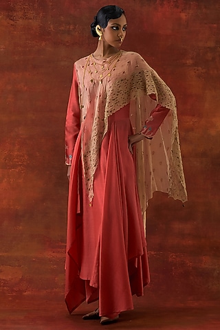 Coral Silk Chanderi & Gold Tissue Embroidered Draped Kurta Set by Jajaabor