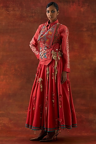 Coral Silk Chanderi Embroidered Jacket Set by Jajaabor