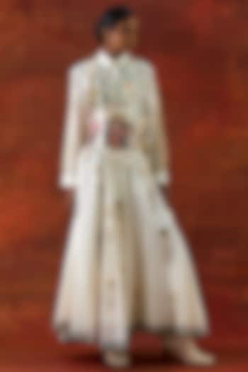 Ivory Silk Chanderi Embroidered Jacket Set by Jajaabor at Pernia's Pop Up Shop