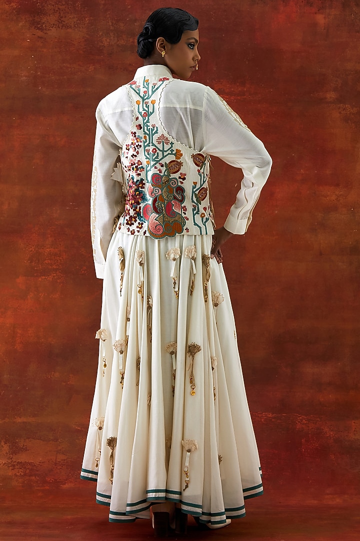 Ivory Silk Chanderi Embroidered Jacket Set by Jajaabor at Pernia's Pop Up Shop