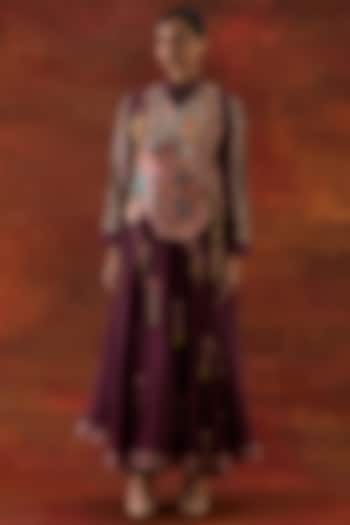 Wine & Old Rose Silk Chanderi Embroidered Jacket Set by Jajaabor at Pernia's Pop Up Shop